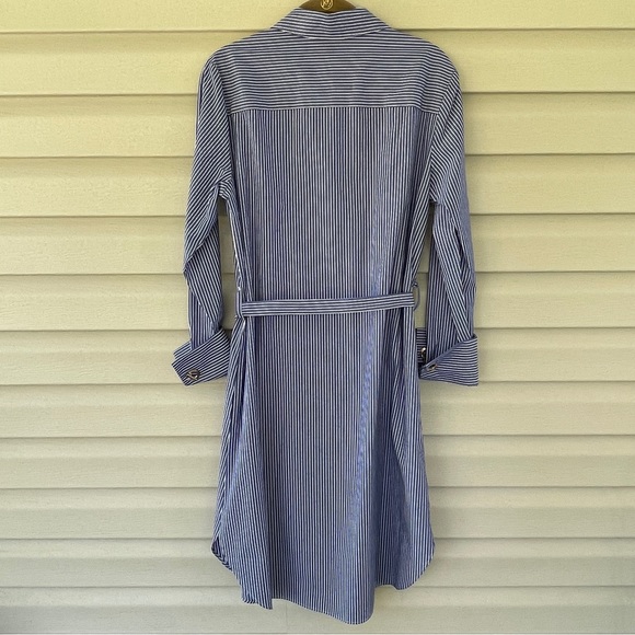 Calvin Klein Blue and White Stripe Button Down Belted Long Sleeve Dress Size 10 - Picture 3 of 15